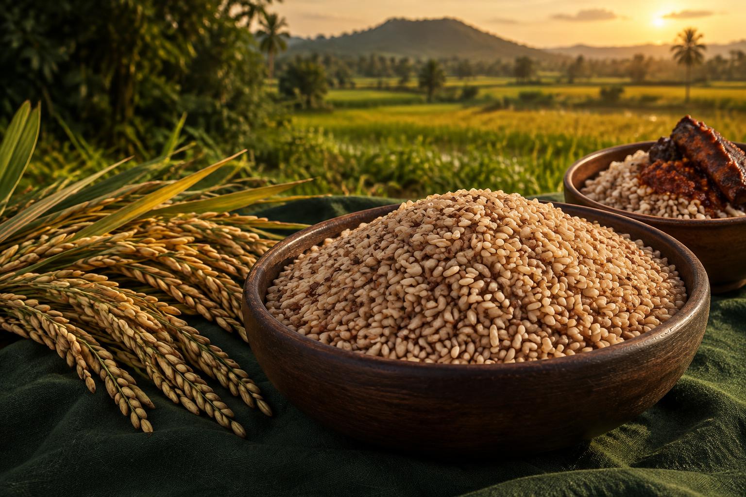 Premium Ofada brown rice grown in Ogun State, with golden rice stalks