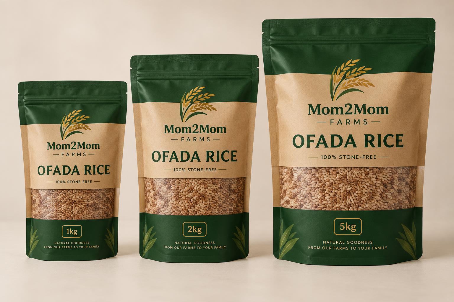 Mom2Mom Farms 1kg, 2kg and 5kg Ofada rice packaging concepts